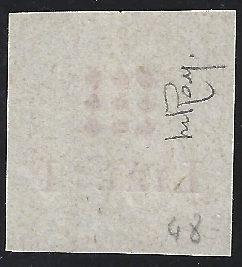 Guidizzolo_1 - 1945 - Prova della soprastampa modificata in rosso Lire 1 su carta sottile non gommata (1B, prova)