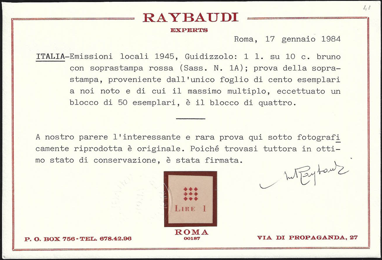 Guidizzolo_1 - 1945 - Prova della soprastampa modificata in rosso Lire 1 su carta sottile non gommata (1B, prova)