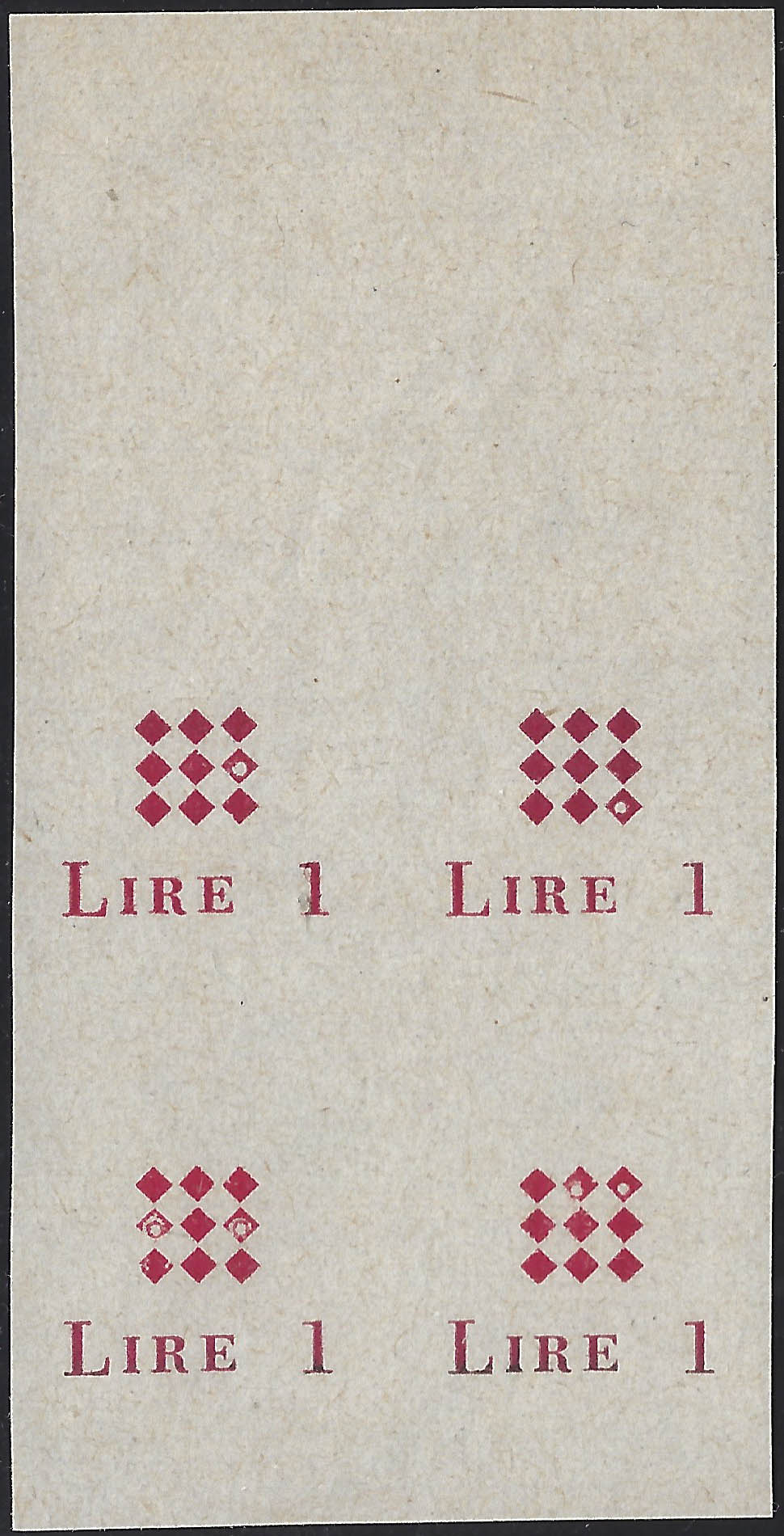 Guidizzolo_2 - 1945 - Prova della soprastampa modificata in rosso Lire 1 in quartina margine di foglio in alto su carta sottile non gommata (1B, prova)