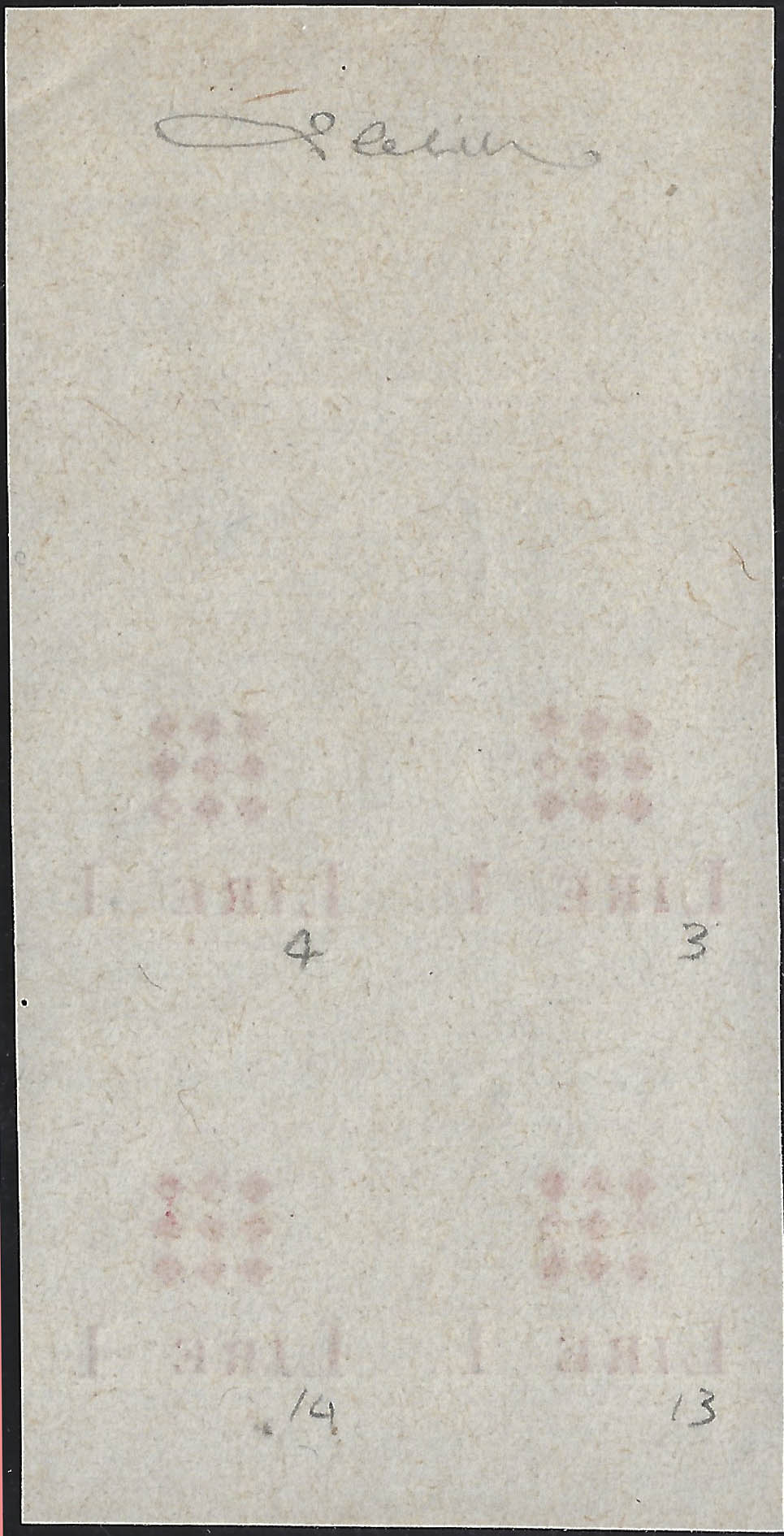 Guidizzolo_2 - 1945 - Prova della soprastampa modificata in rosso Lire 1 in quartina margine di foglio in alto su carta sottile non gommata (1B, prova)
