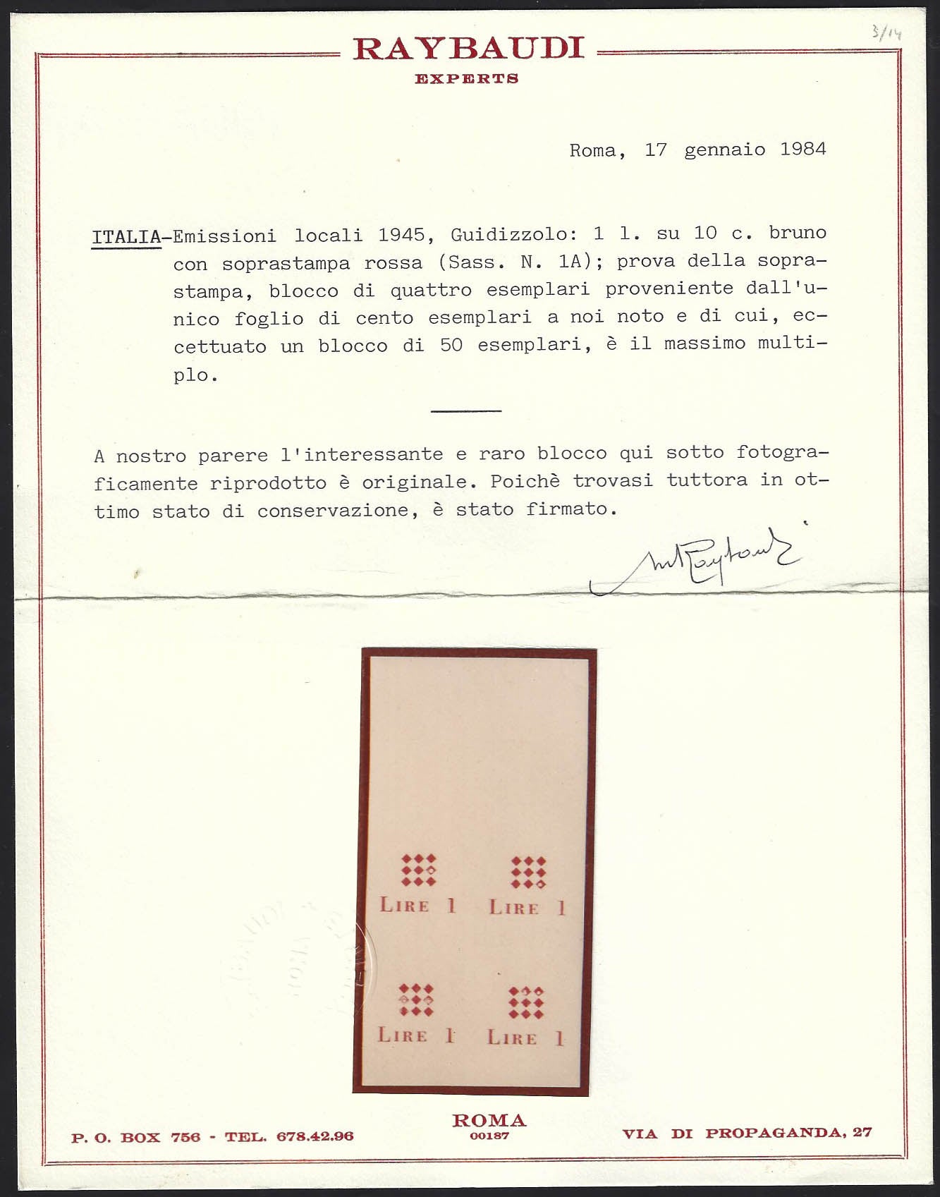 Guidizzolo_2 - 1945 - Prova della soprastampa modificata in rosso Lire 1 in quartina margine di foglio in alto su carta sottile non gommata (1B, prova)