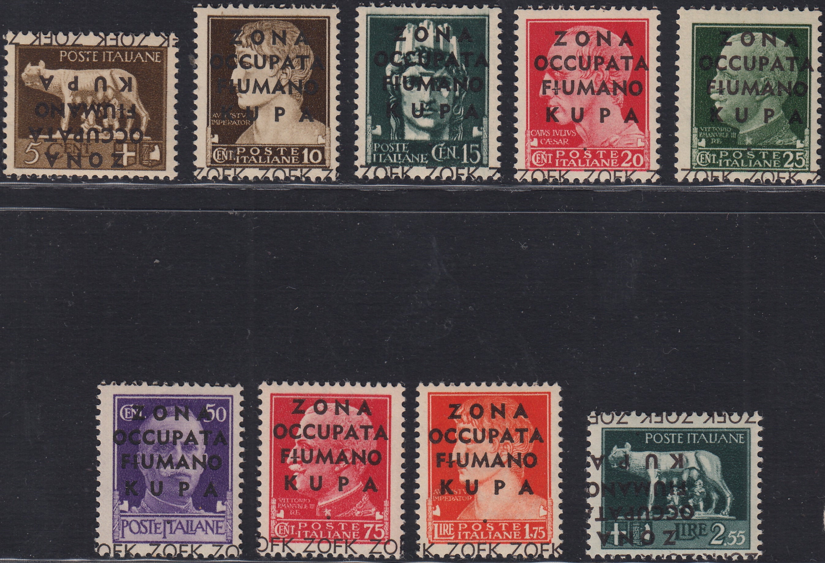 KUPA3 - 1941 - Imperiale di Regno soprastampata "ZONA / OCCUPATA / FIUMANO / KUPA", serie di 9 valori nuova gomma integra (15/19 + 21/24)