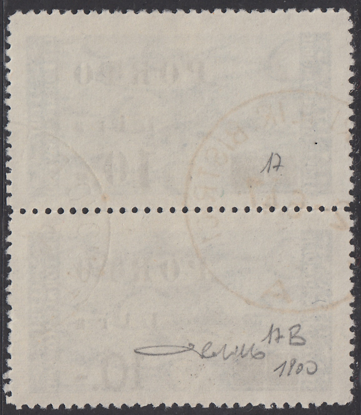 LS10 - 1946 - Segnatasse soprastampate, 10L. su 20 azzurro coppia verticale con cifre normali sopra e cifre sottili sotto, usata (17 + 17B)