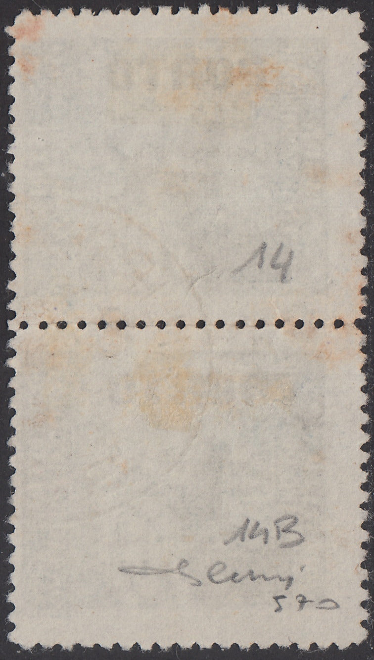 LS11 - 1946 - Segnatasse soprastampate con cifre sottili, 1L. su 25c. grigio oliva coppia verticale con tipo normale e cifre sottili usata (14 + 14B)