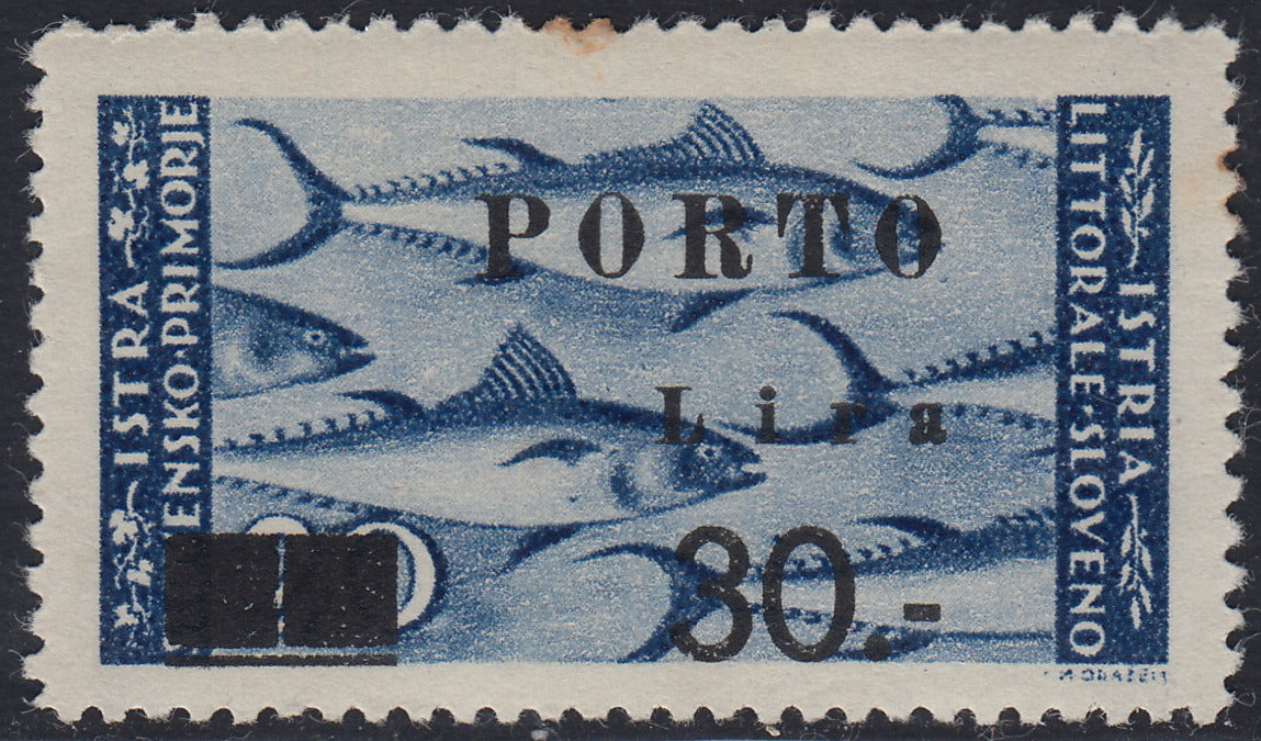 LS21 - 1946 - Segnatasse soprastampate con cifre sottili, 30L. su 20L. azzurro nuovo con gomma integra (19B)