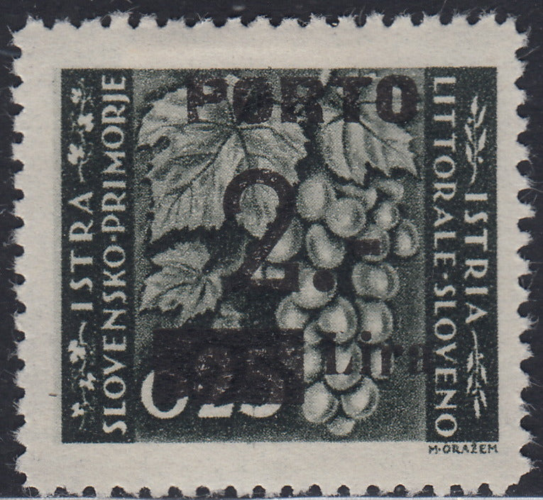 LS23 - 1946 - Segnatasse soprastampate con cifre sottili, 2L. su 25c. grigio oliva nuovo con gomma (15B)