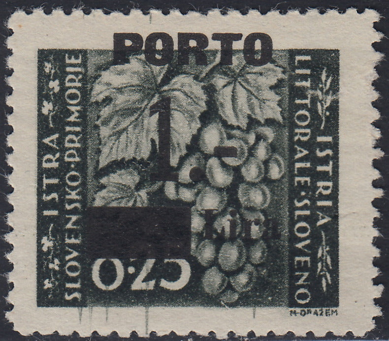 LS24 - 1946 - Segnatasse soprastampate con cifre sottili, 1L. su 25c. grigio oliva soprastampa fortemente spostata in alto nuovo senza gomma (14Bda)