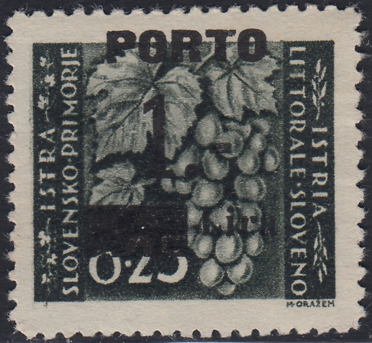 LS25 - 1946 - Segnatasse soprastampate con cifre sottili, 1L. su 25c. grigio oliva soprastampa fortemente spostata in alto nuovo senza gomma (14Bda)