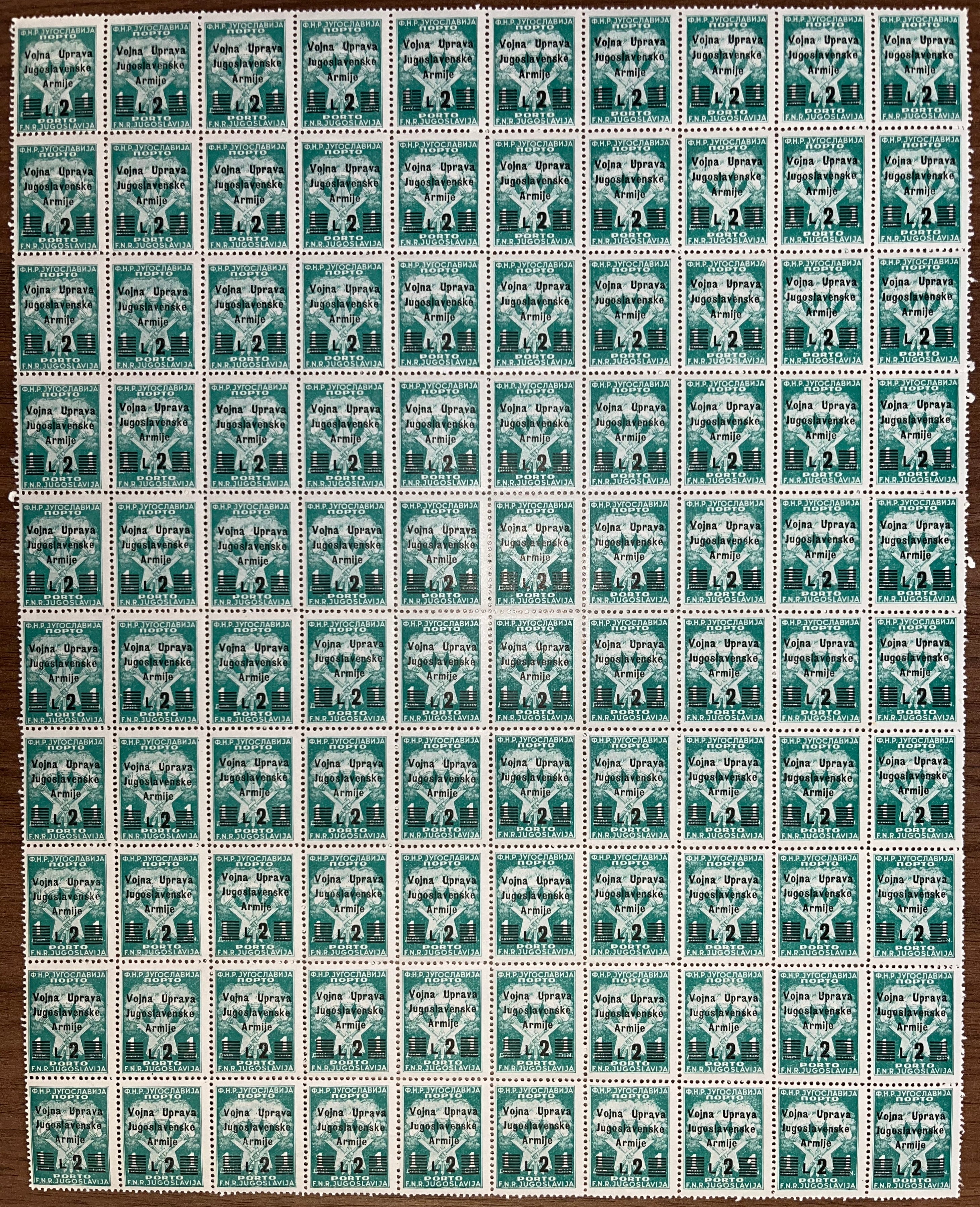 LS29 -1947 - Amministrazione Militare Jugoslava, segnatasse serie completa in fogli da 100 esemplari