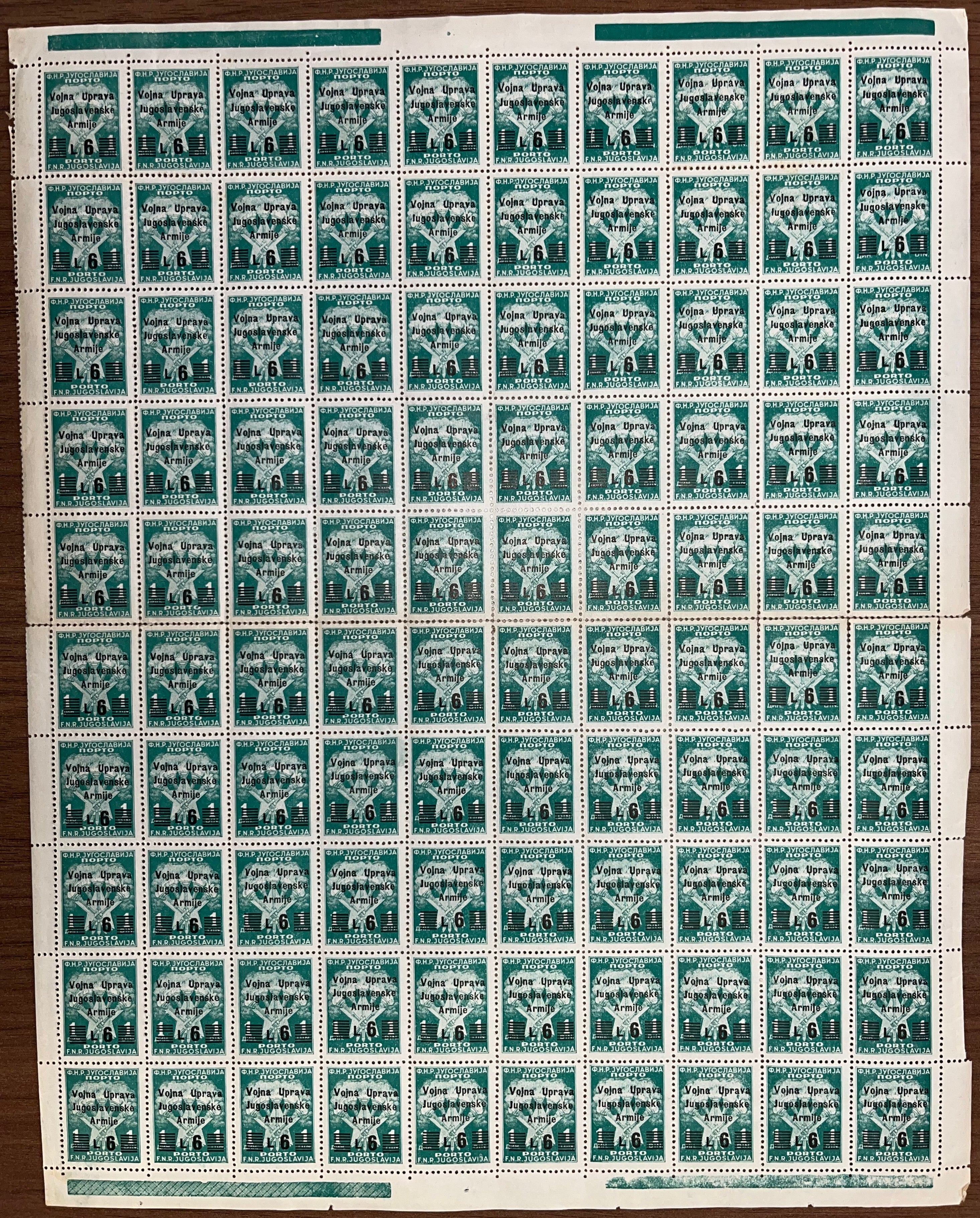 LS29 -1947 - Amministrazione Militare Jugoslava, segnatasse serie completa in fogli da 100 esemplari