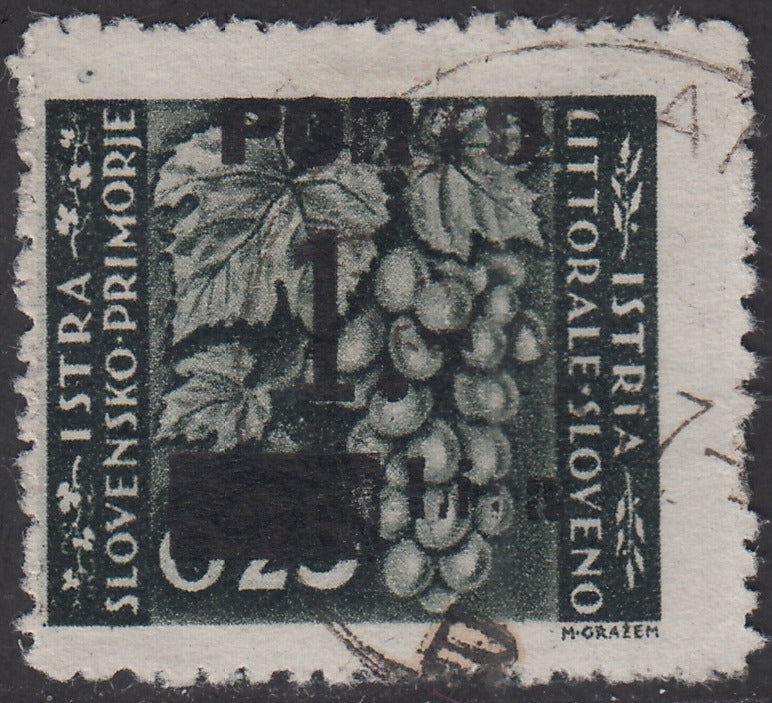 LS2 - 1946 - Segnatasse soprastampate con cifre sottili, 1L. su 25c. grigio oliva usato (14B)