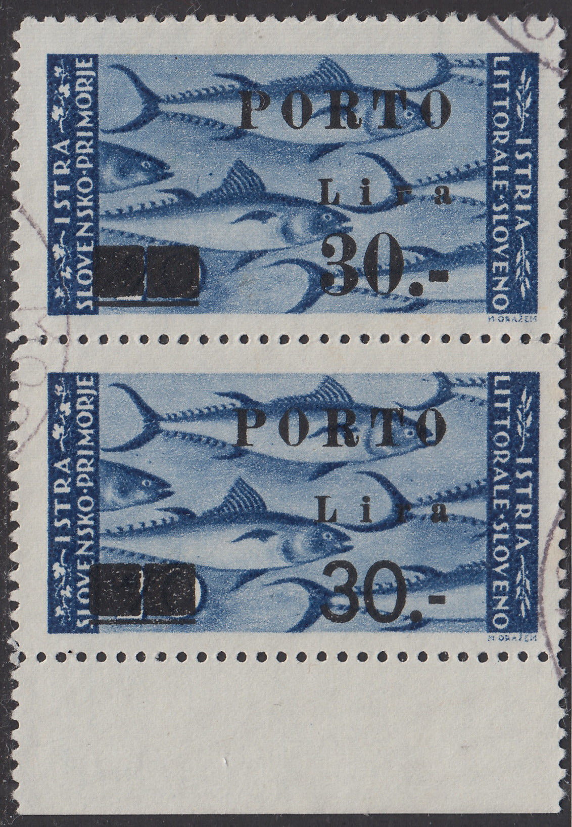 LS9 - 1946 - Segnatasse soprastampate, 30L. su 20 azzurro coppia verticale con cifre normali sopra e cifre sottili sotto, usata (19 + 19B)
