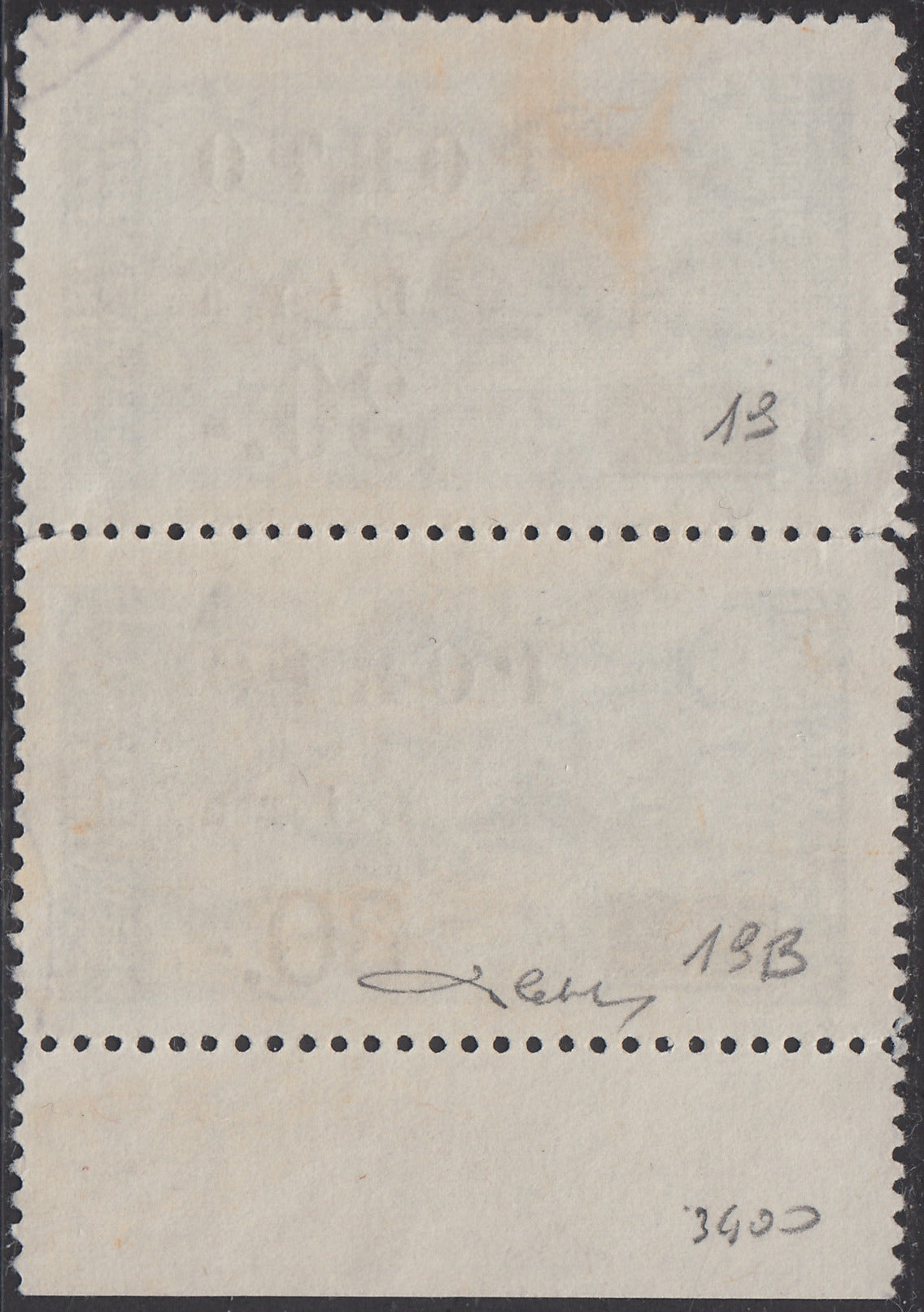 LS9 - 1946 - Segnatasse soprastampate, 30L. su 20 azzurro coppia verticale con cifre normali sopra e cifre sottili sotto, usata (19 + 19B)