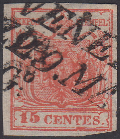 LV108 - 1851 - I emissione carta a coste verticali, c. 15 vermiglio II tipo usato (15).