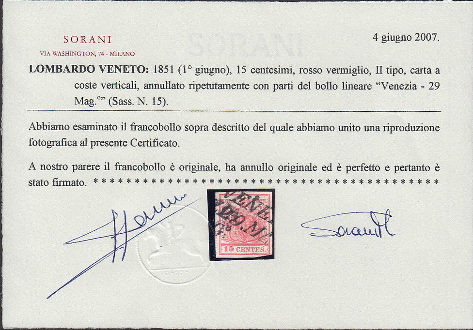 LV108 - 1851 - I emissione carta a coste verticali, c. 15 vermiglio II tipo usato (15).