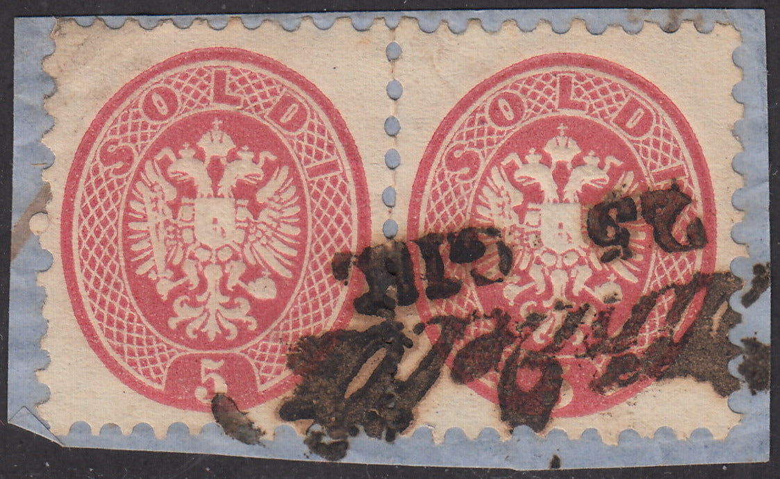 LV134 - 1864 - V emissione s. 5 rosa dentellatura 9 1/2 x 2 su frammento usati CITTADELLA (43)