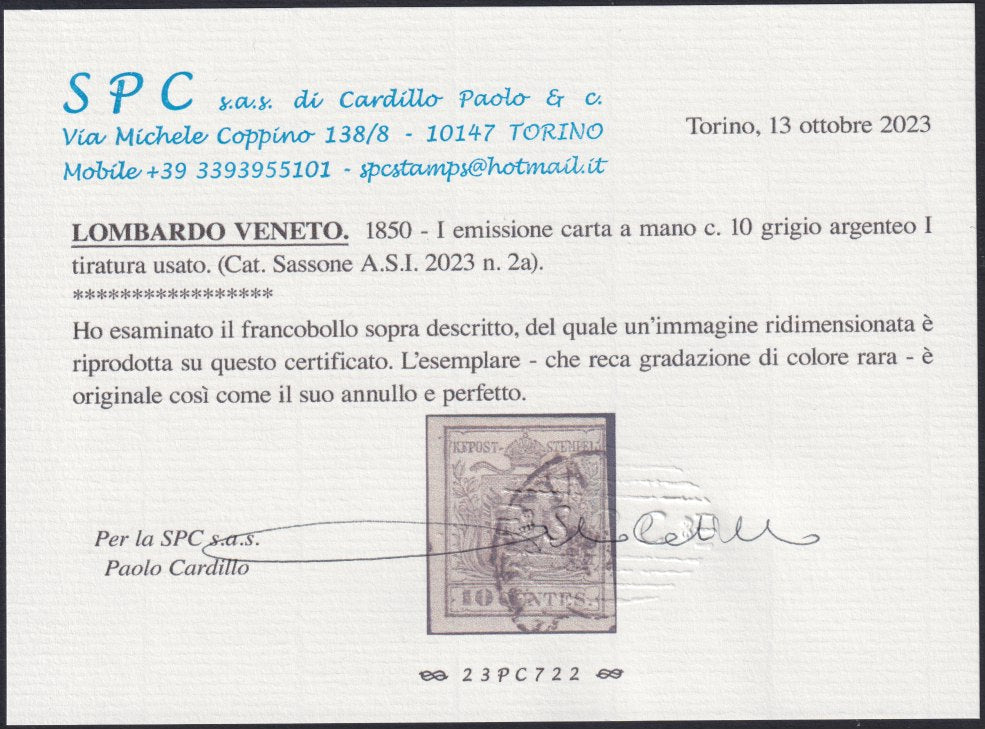 LV183 - 1850 - Lombardo Veneto I emissione carta a mano c. 10 nero argenteo I tiratura usato (2a)