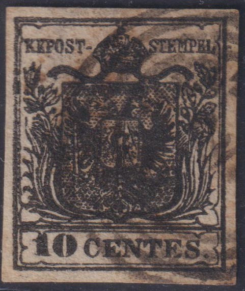 LV189 - 1850 - Lombardo Veneto I emissione carta a mano c. 10 nero carbone usato (2e)