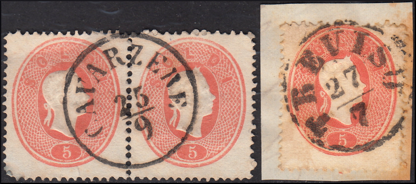 1858 - Franqueo adeudado para periódicos, 4 kr. Rojo opaco usado en restos de periódico (4)