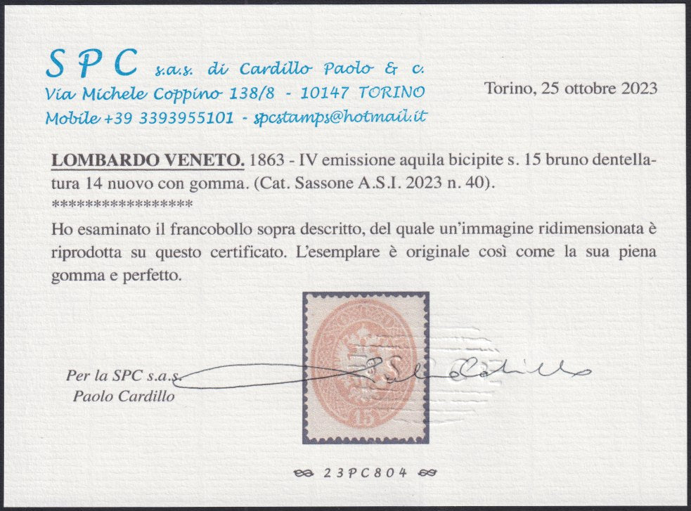 LV241 - 1863 - Lombardo Veneto, IV issue s.15 brown, new with original rubber (40).