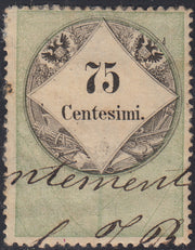 LV344 - 1854 - Fiscali, tiratura calcografica, c. 75 verde e nero usato con annullo amministrativo (10)