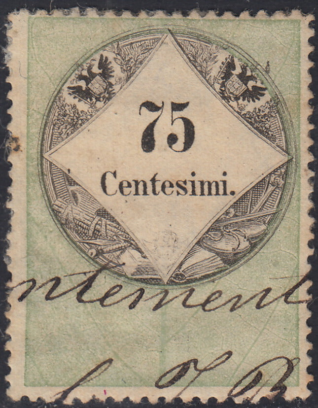 LV344 - 1854 - Fiscali, tiratura calcografica, c. 75 verde e nero usato con annullo amministrativo (10)