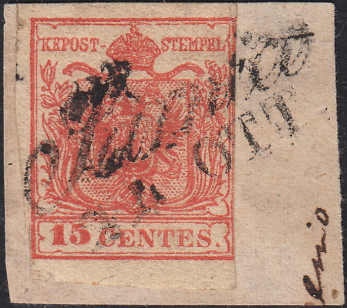 LV344 - 1850 - I emissione c. 15 rosso III tipo usato su frammento (6)