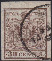 LV357 - 1850 - I emissione c. 30 bruno I tipo I tiratura usato, frammenti di filigrana (7b)