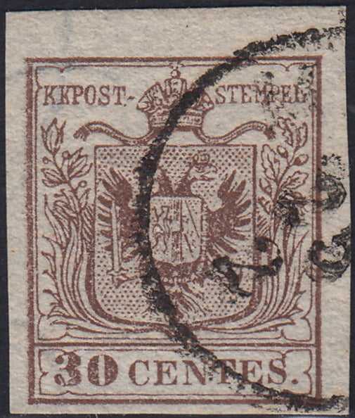 LV357 - 1850 - I emissione c. 30 bruno I tipo I tiratura usato, frammenti di filigrana (7b)