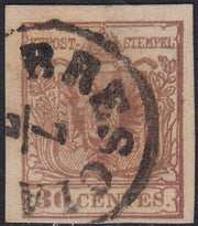 LV363 - 1854 - I emissione c. 30 bruno rossiccio II tipo carta a macchina usato Brescia (21a)