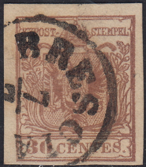 LV363 - 1854 - I emissione c. 30 bruno rossiccio II tipo carta a macchina usato Brescia (21a)