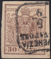 LV364 - 1854 - I emissione c. 30 bruno grigiastro II tipo carta a macchina usato DA VENEZIA COL VAPORE (I) (21b)