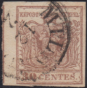 LV367 - 1854 - I emissione c. 30 bruno grigiastro II tipo carta a macchina usato col C1 di Milano (21b)