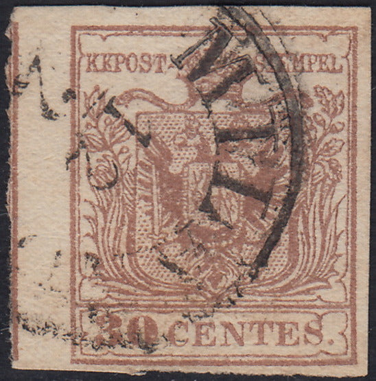 LV367 - 1854 - I emissione c. 30 bruno grigiastro II tipo carta a macchina usato col C1 di Milano (21b)