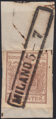 LV369 - 1854 - I emissione c. 30 bruno rossiccio II tipo carta a macchina usato su frammento col bollo R d (senza anno) di Milano 5-7 (21a)