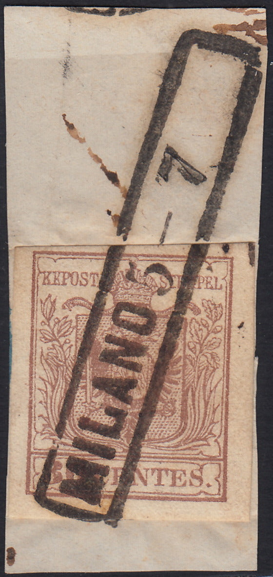 LV369 - 1854 - I emissione c. 30 bruno rossiccio II tipo carta a macchina usato su frammento col bollo R d (senza anno) di Milano 5-7 (21a)