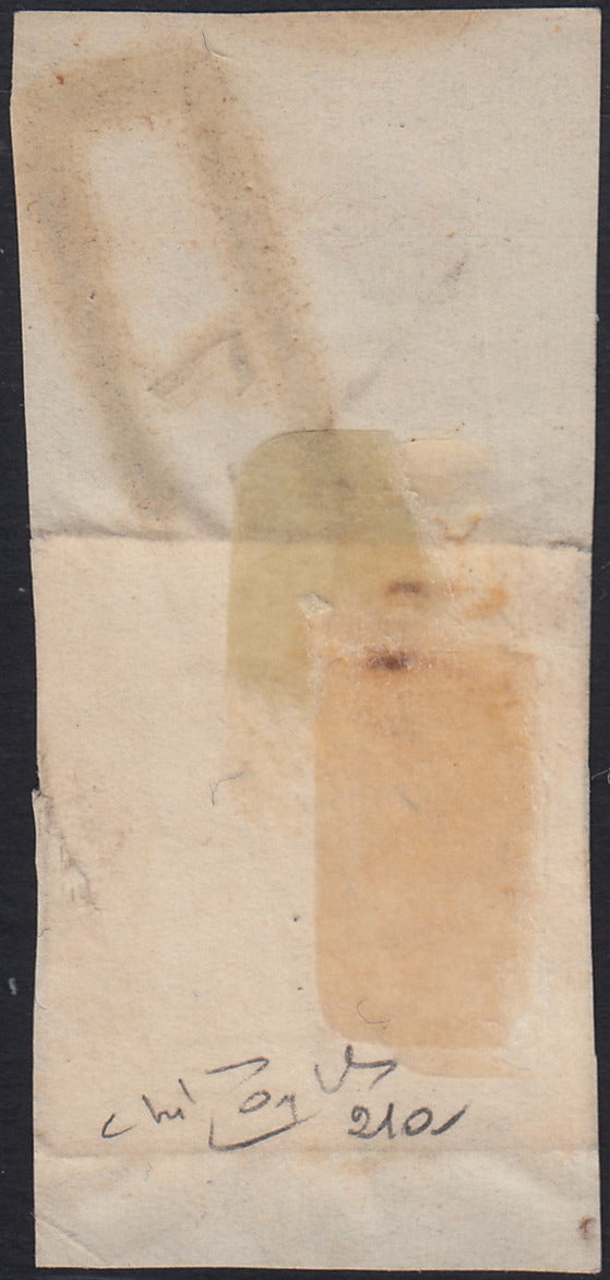 LV369 - 1854 - I emissione c. 30 bruno rossiccio II tipo carta a macchina usato su frammento col bollo R d (senza anno) di Milano 5-7 (21a)