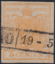 LV370 - 1850 - I emissione c. 5 giallo ocra carta a mano usato (1)