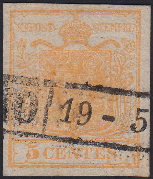 LV370 - 1850 - I emissione c. 5 giallo ocra carta a mano usato (1)