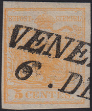 LV372 - 1850 - I emissione c. 5 giallo ocra carta a mano usato (1)