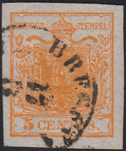 LV373 - 1850 - I emissione c. 5 giallo arancio carta a mano usato (1g)