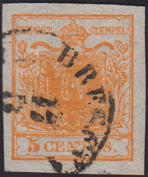 LV373 - 1850 - I emissione c. 5 giallo arancio carta a mano usato (1g)