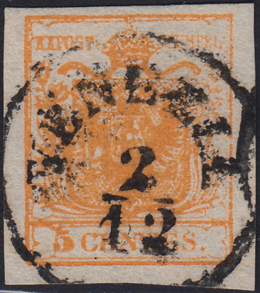 LV375 - 1850 - I emissione c. 5 giallo arancio carta a mano usato (1g)