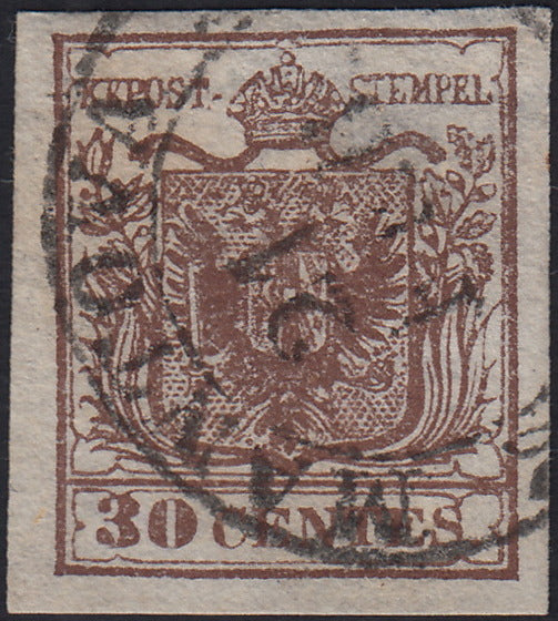 LV376 - 1850 - I emissione c. 30 bruno scuro I tipo usato MANTOVA (7d)