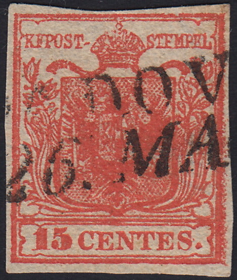 LV377 - 1850 - I emissione c. 15 rosso carminio vivo I tipo carta a mano usato PADOVA (3d)