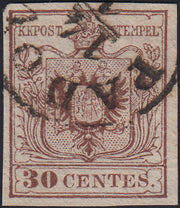 1858 - Franqueo adeudado para periódicos, 4 kr. Rojo opaco usado en restos de periódico (4)