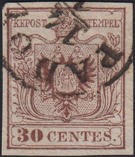 1858 - Franqueo adeudado para periódicos, 4 kr. Rojo opaco usado en restos de periódico (4)