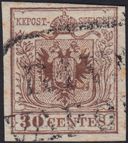 LV383 - 1850 - I emissione c. 30 bruno lillaceo chiaro III tipo usato (9a).