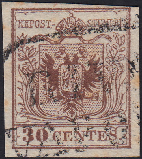 LV383 - 1850 - I emissione c. 30 bruno lillaceo chiaro III tipo usato (9a).