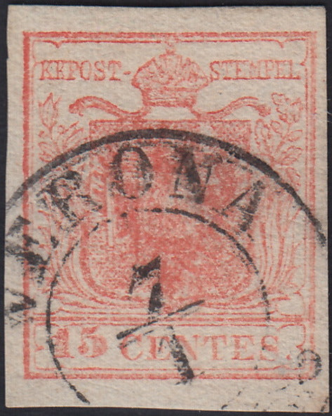LV387 - 1850 - I emissione c. 15 rosa carminio II tipo II sottotipo usato (5a)